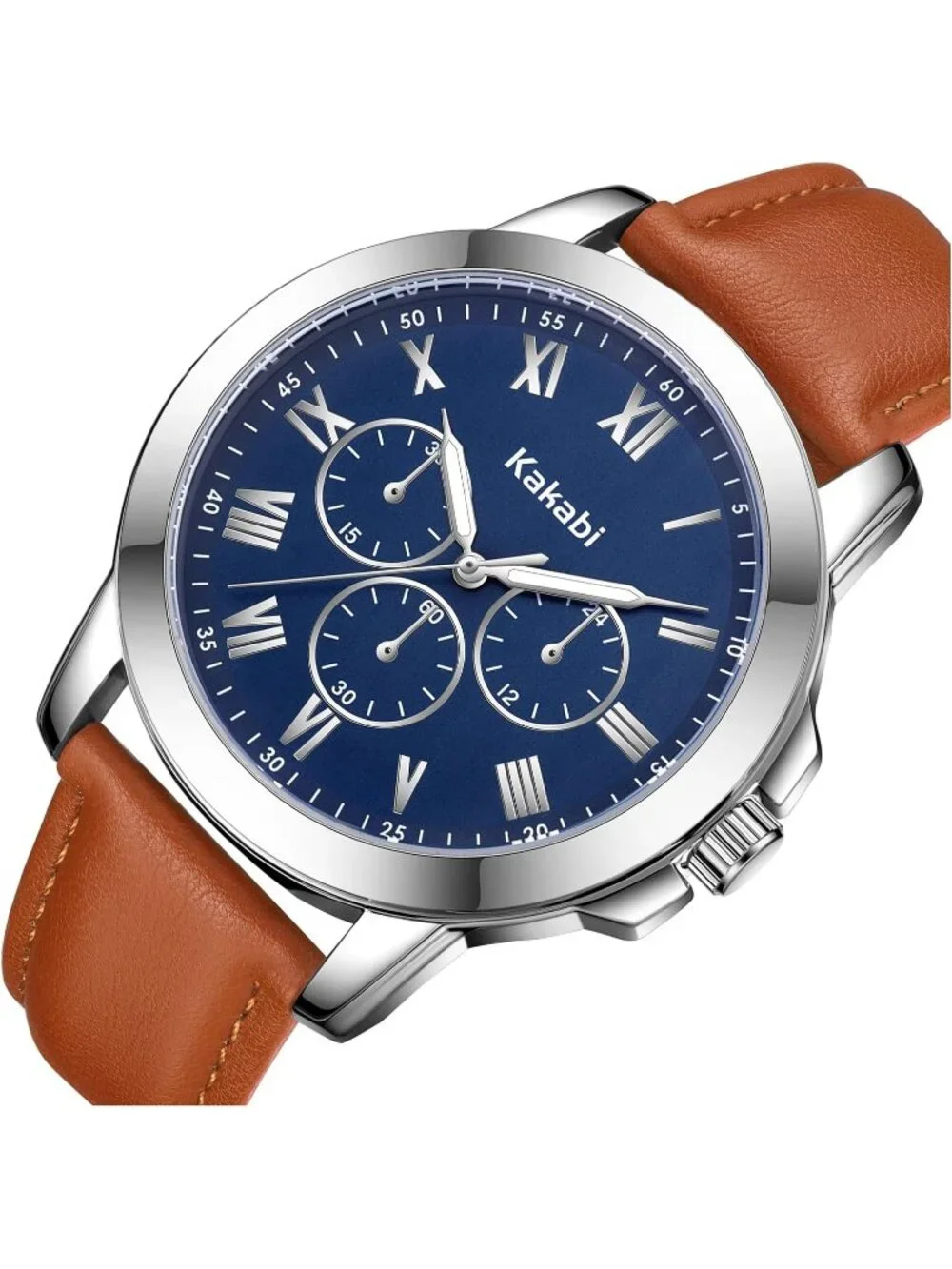 Men's Blue Brown Classic Leather Roman Numeral Quartz Waterproof Wrist Watch